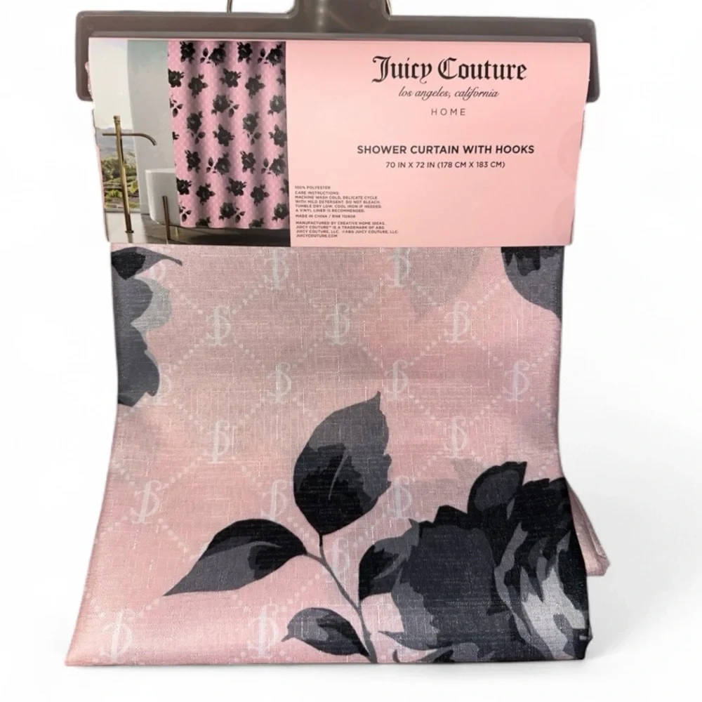 Juicy Couture Pink & Black Rose Logo Shower Curtain with Hooks Set